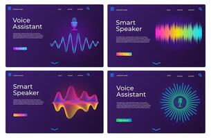 Voice assistant landing pages. Web templates for smart speaker with audio waves and microphone. Online sound recognition app page vector set