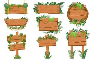 selva de madera letreros madera tablero con trópico hojas, musgo y liana plantas para juego ui dibujos animados selva la carretera señales en cuerda vector conjunto