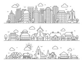 Line city, town and village. Landscape panoramas with skyscrapers, cottages and countryside houses. Urban and rural streets vector concept