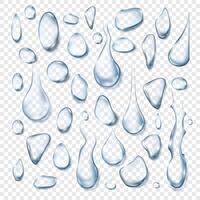 Water drops. Realistic 3d rain droplet shape on glass. Condensation clean drop. Fresh effect. Aqua drip on transparent background vector set