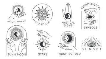 místico manos con estrella, Dom y Luna línea logotipos astrología esotérico diseño con magia mujer manos, puesta de sol y Brillo Solar mínimo vector conjunto