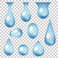 Water drops and bubbles. 3d realistic fresh blue droplet icons. Tear, dew or raindrop. Nature clean liquid shapes. Freshness logo vector set