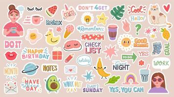 Diary stickers. Words, characters and quotes for planner journal. Trendy notebook decor with girls, food and cats. Daily reminder vector set