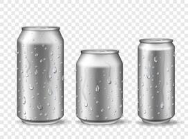 Cans with condensation. Cold aluminum beer, energy drink or lemonade can mockups with water drops. 3d realistic metal soda cans vector set