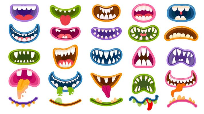 Cartoon monster mouths. Scary and funny mouth with teeth and tongue. Halloween masks, monsters joker laugh and creepy clown smile vector set