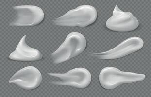 Cosmetic cream smears. Realistic face lotion creams swatches in strokes, swirls and splashes. White sunscreen gel mousse texture vector set