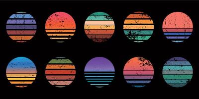 Retro 90s abstract ocean sunset circle badges. Surf beach graphic sunrise with gradient and grunge texture. Neon vintage sunset vector set