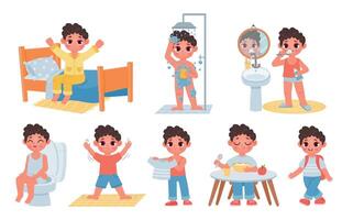Child morning daily routine with cute cartoon boy character. Kid wake up, do hygiene, brush teeth and sit on potty. Day schedule vector set