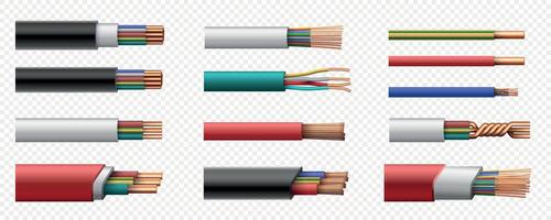 Realistic electric power coaxial cables with copper wire. 3d intertwined cable with plastic safety jacket. Conductor connection vector set