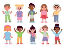 Happy diverse kids characters waving hands and greeting. Cartoon children boys and girls with bye or hello gestures. Flat student vector set