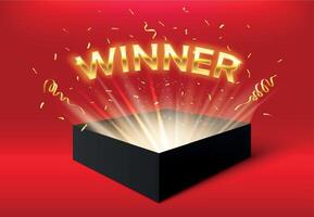 Winner glowing box with golden ribbons and confetti. Surprise carton isolated on red for event celebration vector