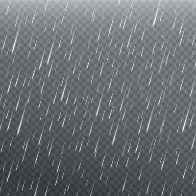 Rain effect. Realistic water drops falling from sky. Heavy rain weather, storm, shower, rainfall, monsoon season. 3d rainy vector background