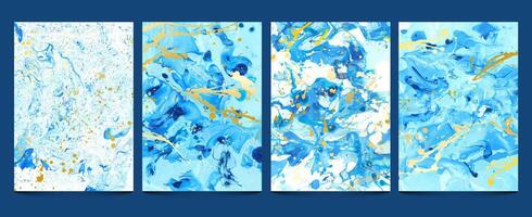 Watercolor fluid. Modern blue marble textures with golden splashes. Abstract water pattern, liquid paint, stone geode design. Ink prints set vector