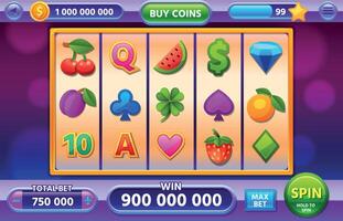 Casino slot machine gameplay interface for mobile app. Jackpot ui with fruits, diamond and clover cartoon icons. Vegas game vector screen