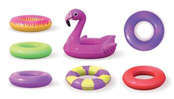 3d inflatable swimming rings designs, doughnut and pink flamingo. Realistic pool rubber circle top and side view. Swim lifesaver vector set