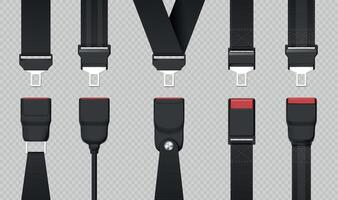 Realistic black unfastened safety seat belt designs. Unlocked vehicle, car or airplane passenger seatbelt with buckles. 3d belts vector set