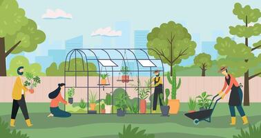 jardinería juntos, personas crecer planta en granja vector