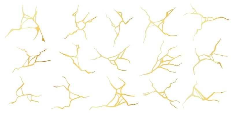 Golden cracks effect in japanese kintsugi art mosaic style. Luxury marble stone with pattern. Broken porcelain with gold fissures vector set