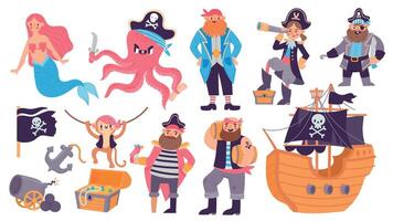dibujos animados pirata barco, tesoro, personaje, animales y sirena. niño mar aventuras elementos, cañón, loro, pecho, ancla y bandera vector conjunto
