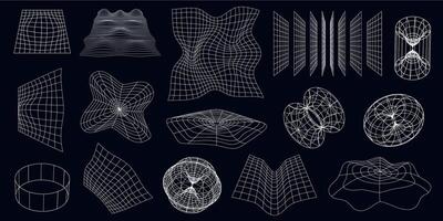 ciber neo futurista rejillas, 3d malla objetos y formas estructura metálica ondulado geométrico perspectiva avión. Años 80 cyberpunk línea elementos vector conjunto