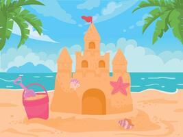 Cartoon sand castle, bucket and shovel at sea beach. Sand tower with seashells and flag. Children summer building activity vector concept