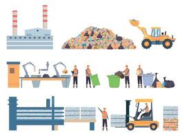 plano basura reciclar fábrica edificio, tugurio y clasificación transportador. el plastico reciclaje industria trabajadores ecología proteccion proceso vector conjunto