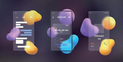 Glassmorphism 3d phone mockup with blurred abstract background. Smartphone transparent glass screen with chat, call and payment vector set