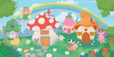 Magic forest village landscape with little houses and fairy. Flower and mushroom fantazy homes for gnomes. Fairytale panorama vector scene