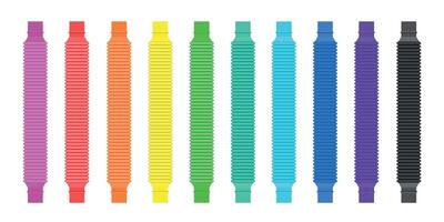 Corrugated flexible pop pipes, antistress children toy. Kids sensory fidget plastic tubes. Flat trendy pop toys in rainbow colors vector set