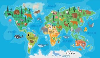 .Cartoon world map for kids nursery with forest animals. Children geography education with europe, asia, australia and america vector poster