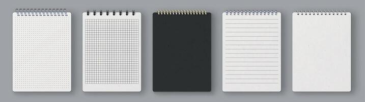 Realistic notebook cover mockup and paper pages with lines and grid. Sketchbook blank sheet. Dotted diary book. Notebook vector template set