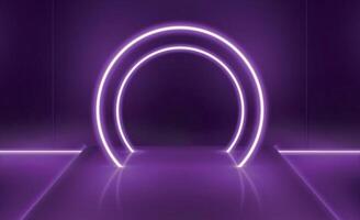 Purple neon futuristic digital stage with circle light arch. Showcase for technology product presentation. Empty pedestal night vector scene