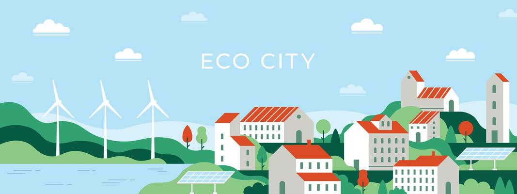 Eco city. Urban landscape of future town use alternative energy sources solar panel and windmills. Save environment ecology vector concept