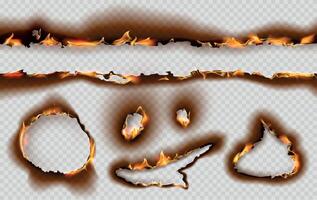 Realistic burning paper page edges and hole with fire. Parchment burnt effect with flame and ash. Torn and scorched paper texture vector set