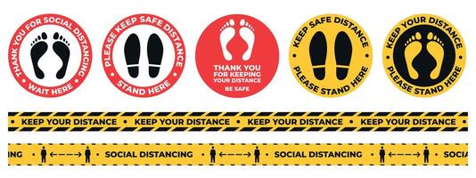 Social distance floor stickers. Round wait here warning signs with foot and shoe prints. Keep safe distancing tape. Covid signage vector set