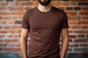 AI generated Brown Classic Crewneck T-shirt mockup with model photo