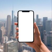 AI generated Blank mockup phone held in a hand with the city skyline photo