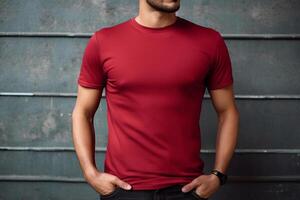 AI generated Burgundy Red Classic Crewneck T-shirt mockup with model photo