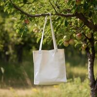 AI generated tote bag hanging from a tree branch photo