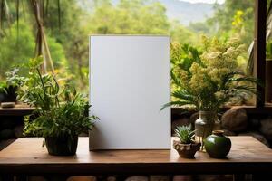 AI generated A blank white mockup photo frame propped up on a table