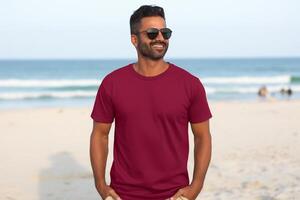 AI generated Burgundy Red Classic Crewneck T-shirt mockup with model photo