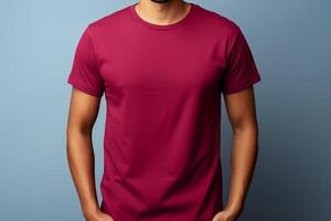 AI generated Burgundy Red Classic Crewneck T-shirt mockup with model photo