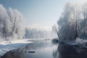 AI generated Winter landscape, river, trees in snow. Generate Ai photo