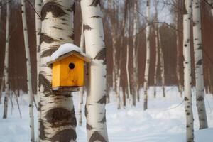 AI generated Birdhouse on birch tree wintertime. Generate ai photo