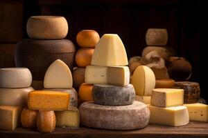 AI generated Cheese wheels assortment. Generate ai photo