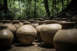 AI generated Ancient ceramic pots on forest ground. Generate Ai photo