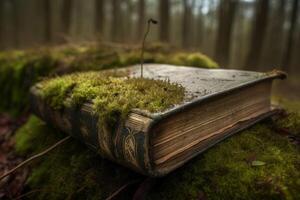 ai generado antiguo libro musgo natural bosque. generar ai foto