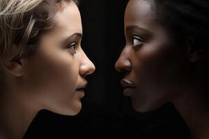 ai generado lado ver de negro y blanco mujer mirando a cada otro. generar ai foto