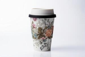 ai generado reutilizable café taza con floral patrones. generar ai foto