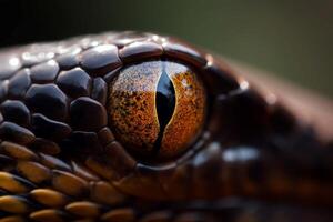 ai generado de cerca de marrón reptiles ojo, un habitante de selva. generar ai foto